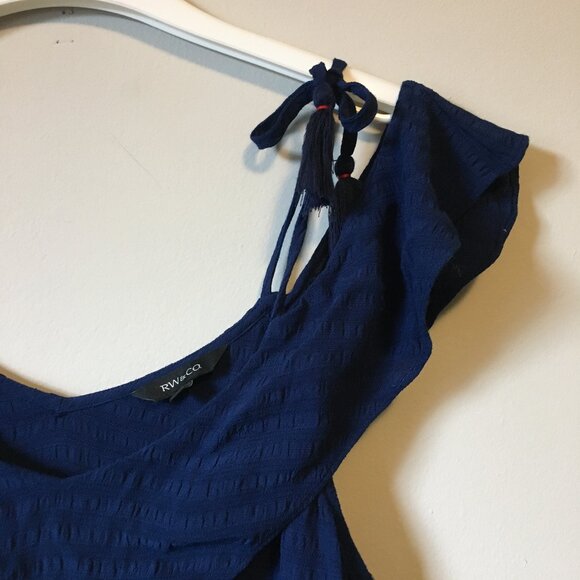 RW&CO. Navy Blue Off Shoulder Tasseled Rayon Beach House Tank Top - Picture 5 of 14